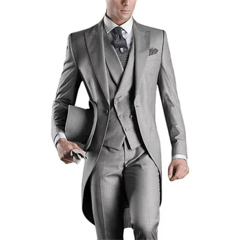 Серый свадебный мужской фрак, смокинг жениха из 3 предметов для официального выпускного вечера, мужские костюмы, модный комплект, куртка с брюками, жилет