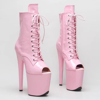Leecabe/ новейшие 20 см/8 дюймов розовые лакированные сапоги на платформе из искусственной кожи на высоком каблуке с открытым носком для танцев на шесте