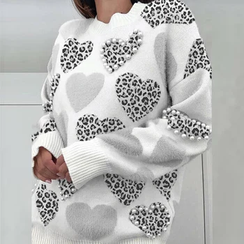 Осенний вязаный свитер с леопардовым принтом в виде сердца, Элегантные женские свитера с жемчужным бисером, милые повседневные свитера, зимний теплый пуловер с длинным рукавом и круглым вырезом