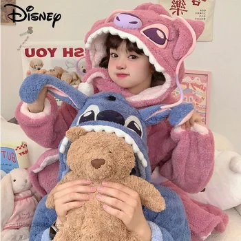 Disney Stitch Голубые Розовые Плюшевые Пижамы Пара Милых Коралловых Бархатных Пижам Y2k Корейская Теплая Зимняя Фланелевая Домашняя Одежда Костюм Для Женщин