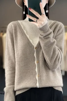 Осенне-зимний новый женский свитер с высоким воротником, искусственный вязаный пуловер из двух частей, 100% шерсть, Модный теплый топ
