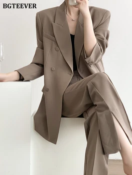 BGTEEVER 2022 Новый Женский Брючный комплект, Двубортные куртки с длинным рукавом, Прямые брюки с высокой талией, Весенние женские Брючные костюмы