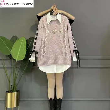 Женские весенне-осенние свитера 2023 года, новые рубашки в стиле, уменьшающем талию и возраст, свитера, модный комплект из двух предметов