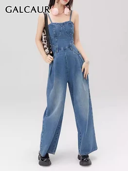 GALCAUR/однотонные джинсовые комбинезоны для женщин, камзол с квадратным воротником, без рукавов, с высокой талией, летние широкие брюки, Новинка женской моды