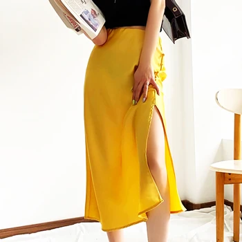 Женское Лето 2023, Желтая Атласная Элегантная юбка с разрезом на Пуговицах, Однотонная Юбка, Офисный Темперамент Леди, Длинные Юбки