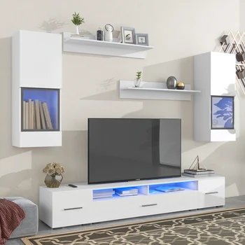 Удлиненный, минималистичный комплект из 7 предметов с плавающей подставкой для телевизора, глянцевый Настенный развлекательный центр с 16-цветной светодиодной подсветкой