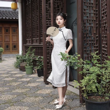 Женское винтажное платье Cheongsam с коротким рукавом, Тонкое Элегантное Китайское Традиционное Белое Кружевное Ципао