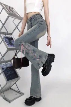 Y2K High Street Harajuku, широкие джинсы с высокой талией, расклешенные Джинсовые брюки, женские винтажные брюки-клеш с разрезом, с завязками