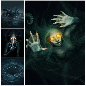 Художественные принты с изображением морского демона Бездны, Ужас, Глубоководный Эльф, Настенное искусство, холст, картина, домашний декор, плакат 