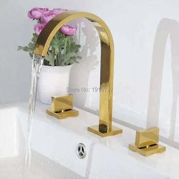 Установленный на бортике Золотой смеситель для раковины с водопадом, Двойная квадратная ручка, 3 отверстия, Смеситель для раковины, смесители для ванной комнаты