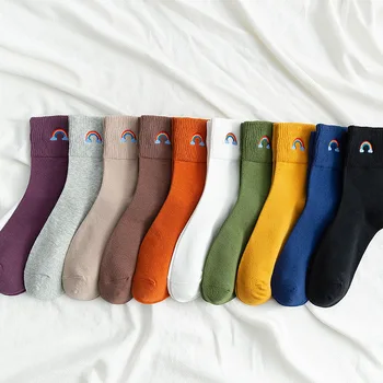 5 пар лот упак. Женские носки в японском корейском стиле с радужной вышивкой, красочные милые счастливые чистые теплые удобные хлопчатобумажные носки
