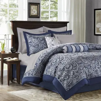 Комплект постельного белья Charlotte из 12 предметов и хлопчатобумажных простыней, темно-синий, Калифорния