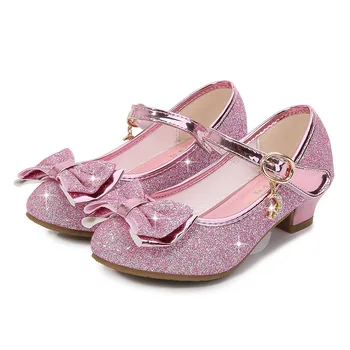 Обувь принцессы для девочек с узлом бабочки на высоком каблуке, блестящие хрустальные детские кожаные тонкие туфли для детей, подарок на день рождения