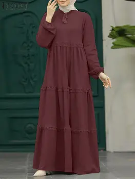 ZANZEA Модное мусульманское платье с длинным рукавом, Женский Многослойный Сарафан, Элегантный Кружевной Халат в стиле пэчворк, исламская одежда для Вечеринок, Кафтан Абая