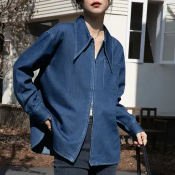 2023 Новая весенняя универсальная женская джинсовая рубашка на молнии синего цвета с длинным рукавом, простая мода Z051