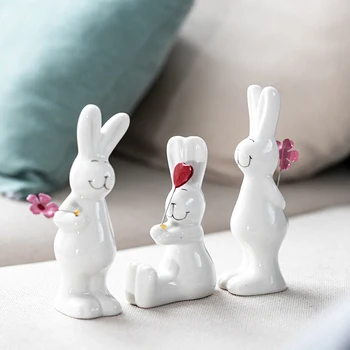 Белая маленькая керамическая скульптура кролика, милый орнамент кролика, Фарфоровые фигурки животных, Домашний декор, офис, гостиная, свадьба