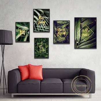 Плакат с зелеными Листьями тропического растения, Роскошная картина на холсте в Скандинавском Стиле, Настенная художественная картина с Золотым текстом, Современное украшение дома, Гостиная