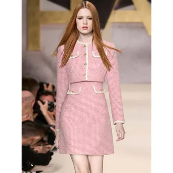 Janeyiren/ Модный подиумный осенне-зимний комплект розового платья, Женское короткое пальто с длинным рукавом + платье-жилет, комплект из двух предметов