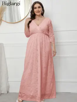 Плюс Размер Кружевное Осеннее длинное платье Женское Розовое Элегантное Открытое женское платье Модное Свободное женское платье с V образным вырезом 2023