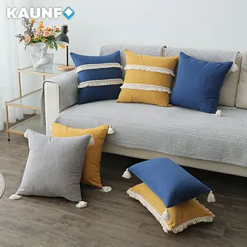 KAUNFO Бежевая наволочка для дивана в гостиной, Декоративные наволочки с Кисточками, Чехол для подушки для домашнего декора, 1 шт.