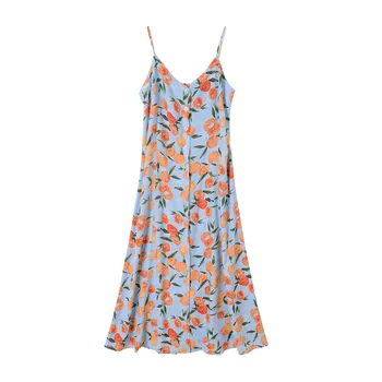Однобортное платье миди с французским ремешком и фруктово-оранжевым принтом в стиле отпуска