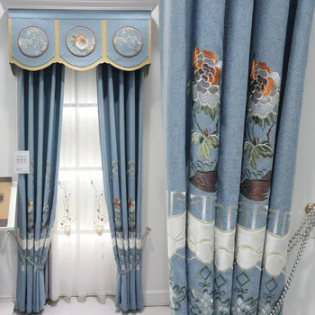 Льняная вышитая ткань спальня гостиная комната вышитая занавеска с отделкой в корейском стиле сине-серый новый стиль