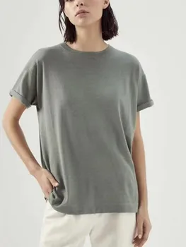 Летняя новинка 2023, женская свободная футболка с коротким рукавом и круглым вырезом, модная новая женская блестящая футболка из смеси шерсти и шелка