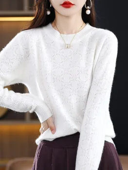 Aliselect Осень-зима, Женский вязаный белый пуловер из 100% шерсти мериноса, свитер с длинным рукавом, однотонный классический топ с круглым вырезом