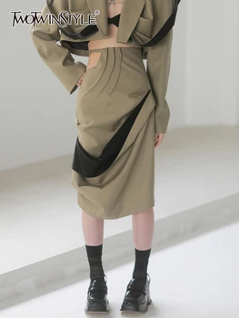 TWOTWINSTYLE Юбка в стиле пэчворк с цветными блоками для женщин, с высокой талией, свободные винтажные юбки миди, женская корейская модная весенняя одежда, новинка