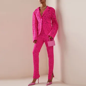 Женский Шикарный Розовый Кружевной Блейзер с вышивкой, комплекты из 2 предметов, приталенный пиджак на одной пуговице, Брюки-карандаш, Модный комплект деловых брюк