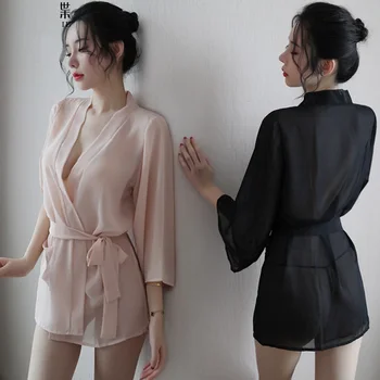 Женское Сексуальное Прозрачное пижамное платье, Шифоновый халат, ночная рубашка, лето