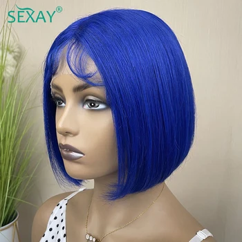 Синий парик из человеческих волос на кружеве Боб 13x4 HD Прозрачный парик из человеческих волос на кружеве Бразильский цветной парик с двойным рисунком