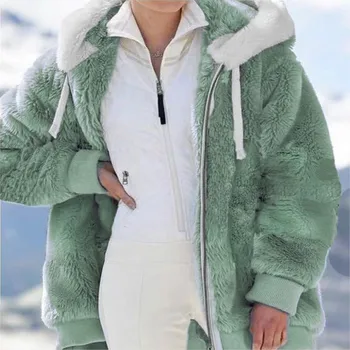 Зимняя Женская куртка, Теплое плюшевое Повседневное Свободное пальто с капюшоном, разноцветная зимняя верхняя одежда в стиле пэчворк Из искусственного меха, женская парка на молнии,
