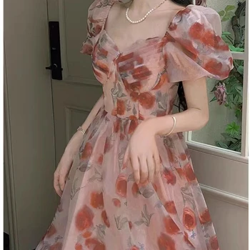 Летнее женское платье с вырезом в виде сердца, Шифоновое платье с принтом, Новое платье принцессы, платья, сексуальное платье
