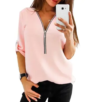 Блузка Женская демисезонная повседневная однотонная рубашка с длинными рукавами из полипропиленового волокна, свободная блузка на молнии, топ топ женский 2021