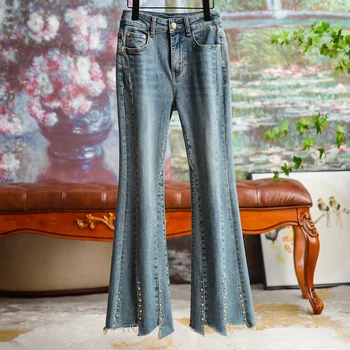 Модные выстиранные Брюки-клеш с высокой талией для женщин 2023, Летние карманы, Винтажные джинсы с бисером для работы, Офисные женские Джинсы, Повседневные брюки