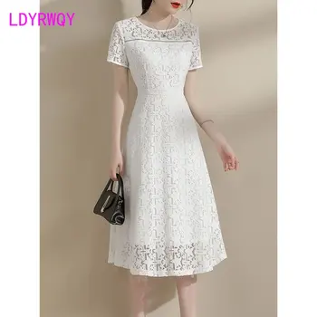Женское Летнее Новое Универсальное Тонкое Кружевное платье 2023 Модное Белое Платье средней длины с коротким рукавом