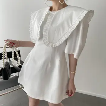 Белое платье HOUZHOU, женское Элегантное Роскошное корейское Модное Офисное женское Короткое платье для официальных мероприятий, Винтажные вечерние платья с пышными рукавами