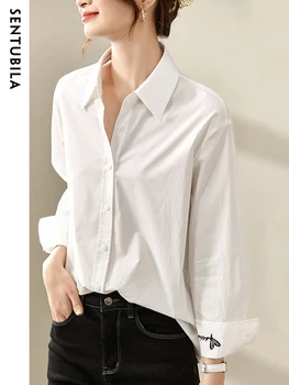 Sentubila, элегантные базовые блузки для офисной леди с вышивкой буквами, отложной воротник, мода 2023, весенне-осенние топы, рубашки