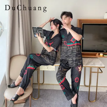 [Женская пижама] [высококачественная] Новая пара пижам для мужчин и женщин, весенне-летний комплект из искусственного Шелка, тонкий милый домашний меховой комплект