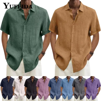 YUFEIDA, Мужские Льняные Рубашки с коротким рукавом, Летние Однотонные Повседневные Свободные Блузки с Отложным воротником, Негабаритная Хлопковая Льняная Рубашка Homme