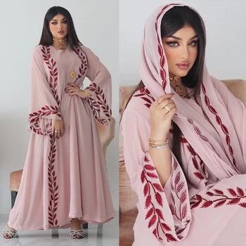 Розовое платье с круглым вырезом и повязкой на голову, Уличная мода Ближнего Востока, Летняя Шифоновая Длинная мусульманская вышивка