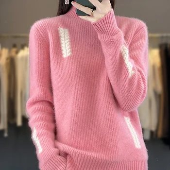 Осень-Зима, Новый кашемировый свитер, Женский пуловер с полувысоким воротником, вязаный топ из 100% чистой шерсти, Модная корейская женская одежда