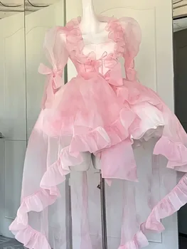 Женское шикарное розовое асимметричное платье из органзы, Винтажное летнее Мини-платье на День Рождения, женское пышное платье с оборками для вечеринок