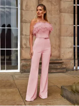 2022, Розовый комбинезон с перьями, с открытыми плечами, Сексуальное Вечернее платье с поясом, Облегающее платье, Подходящее для официальной вечеринки, Облегающие брюки