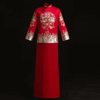 Шоу мужское свадебное платье в китайском стиле с красной вышивкой, вечернее платье жениха, куртка-кимоно, костюм танг, костюмы для тостов, женская одежда
