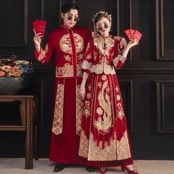 Пара Винтажных Свадебных Платьев Qipao Cheongsam с Вышивкой Красного Феникса в китайском стиле, Вечернее платье