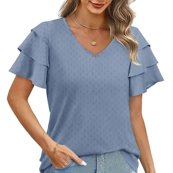 Новая модная шифоновая блузка с коротким рукавом, женские топы, Повседневные Свободные Летние женские Рубашки, Элегантная женская одежда с V-образным вырезом 26486