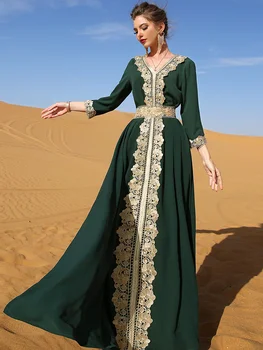Элегантное мусульманское женское платье С вышивкой, кружево, ретро Мода, Абайя, Вечернее Длинное Платье, Кафтан из Марокко, Дубай, Турция, Халат