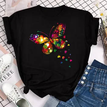 Новая модная женская футболка с красочным принтом в виде лепестков бабочки, короткий рукав и круглый вырез, милые графические футболки, женские топы, одежда